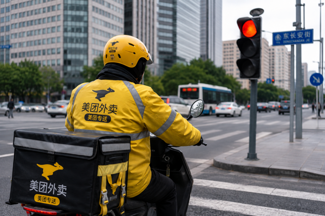 Peking, China, Essenslieferung, Essenskuriere, Lieferdienste, Lieferplattformen, Lieferalgorithmen, Algorithmen, Lieferzeit, Zeitdruck, rote Ampeln, Verkehr, Plattformökonomie, Food Delivery, Gastronomie