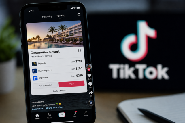 TikTok Hotel Metasuche, Hotelbuchung Social Media, Expedia Booking TikTok, Hotelkarten TikTok Feed, Online Reiseportale Metasuche