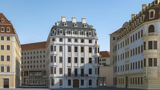 Hotel Stadt Rom, Dresden, Neumarkt, Wiederaufbau, Bauausschuss, Bebauungsplan, Moritzgasse, Zimmermannsches Haus, Andreas Adam, Stadtratsbeschluss, Karl Marx, Dresdner Maiaufstand, Baustart